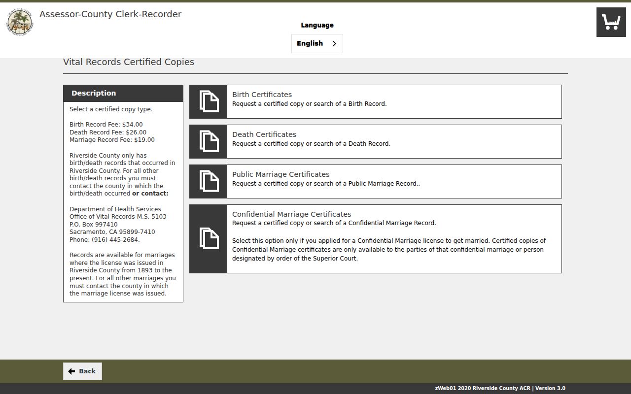Jurupa Valley public records eVitals certified copy menu