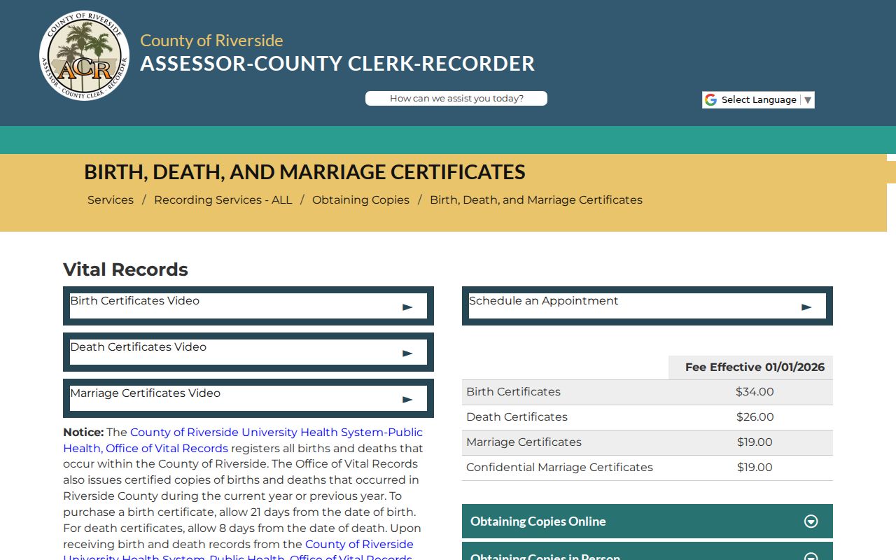 Jurupa Valley public records vital certificate copy channels